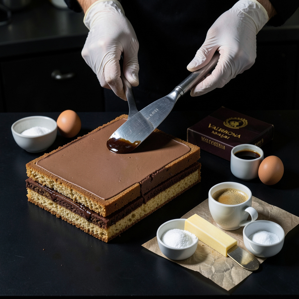 Montaje del Opera Cake: extendiendo buttercream de café sobre capas de joconde con paleta