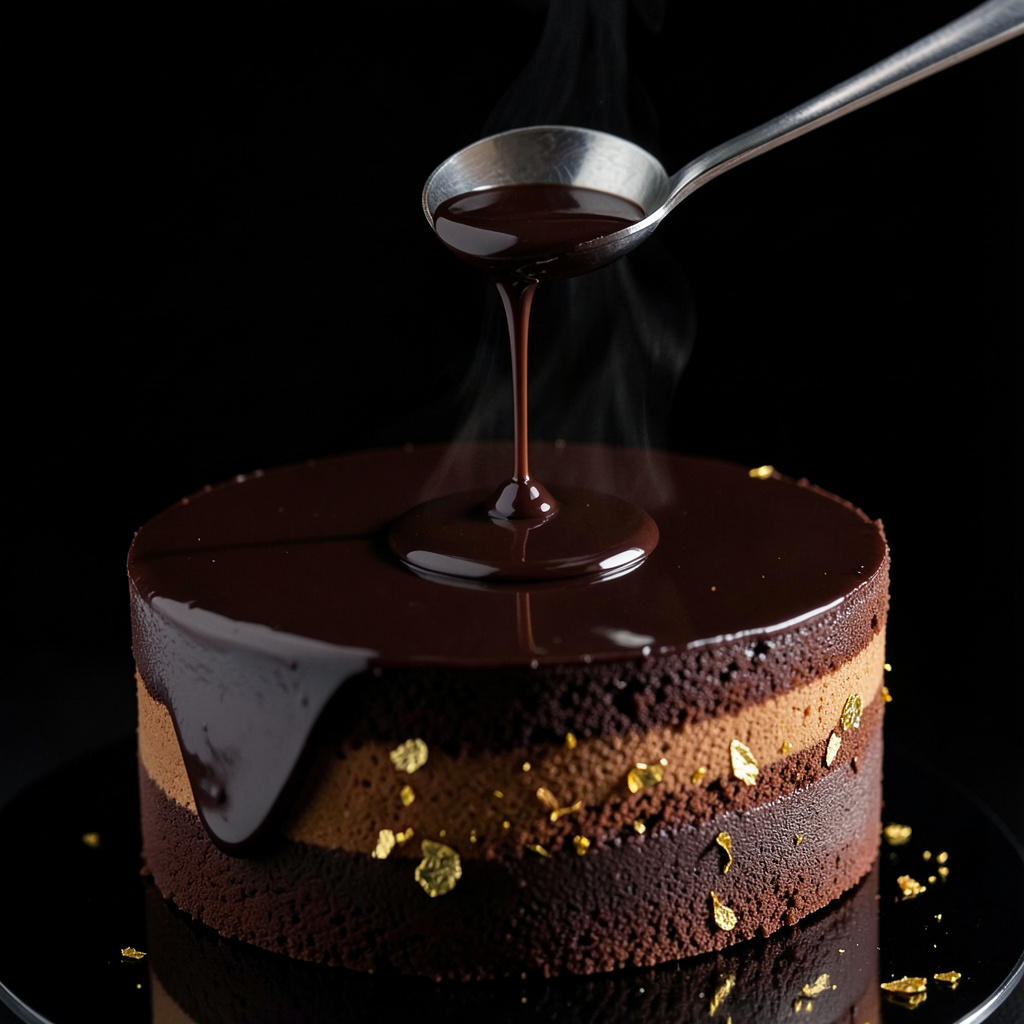 Glaseado espejo de chocolate Manjari cayendo sobre el Opera Cake con pan de oro