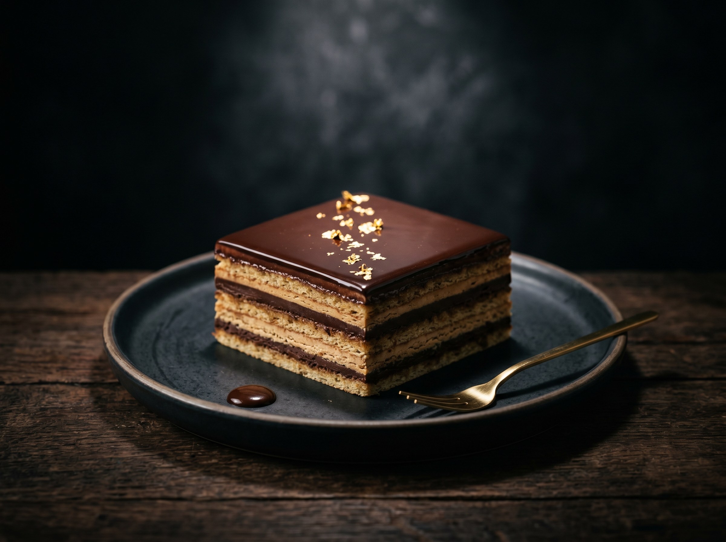 Hero shot: Opera cake con capas perfectas de café y Manjari, glaseado espejo dorado