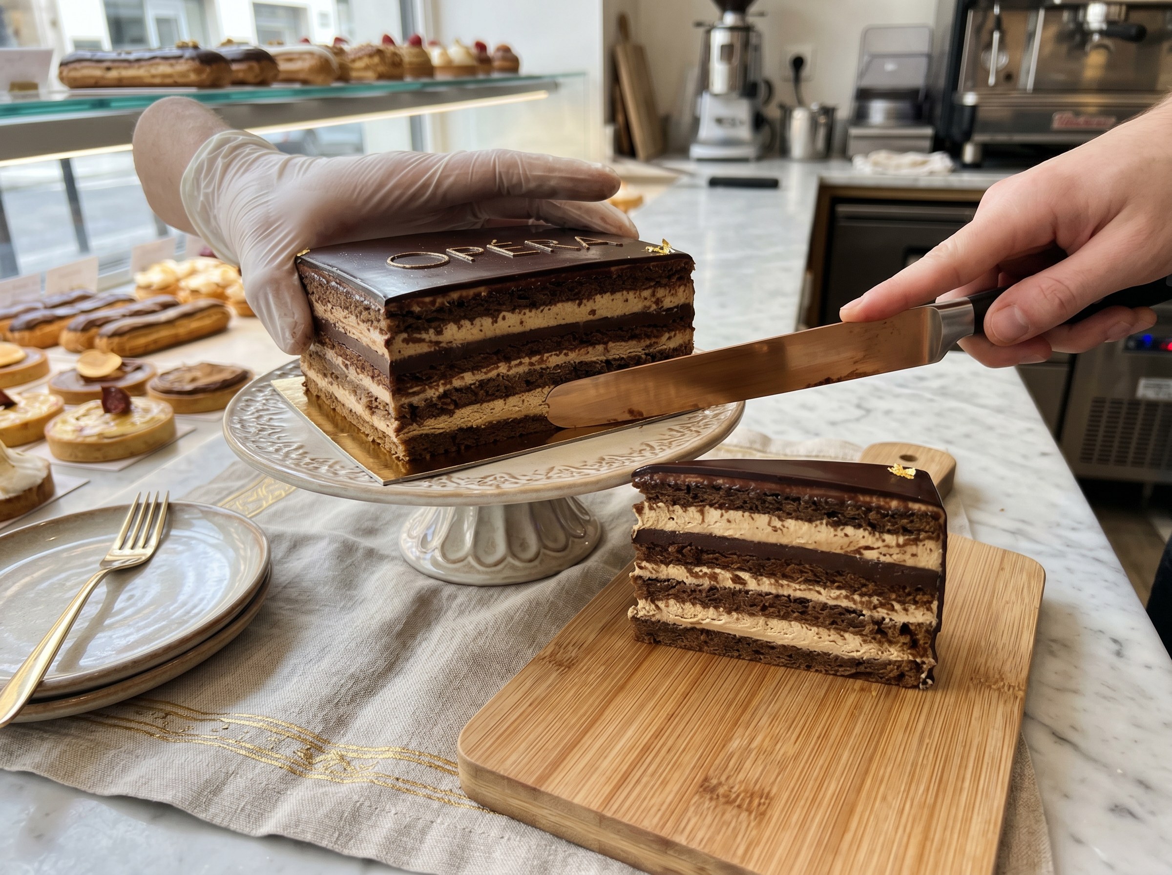 Segundo corte del Opera cake mostrando la sección transversal completa de las capas