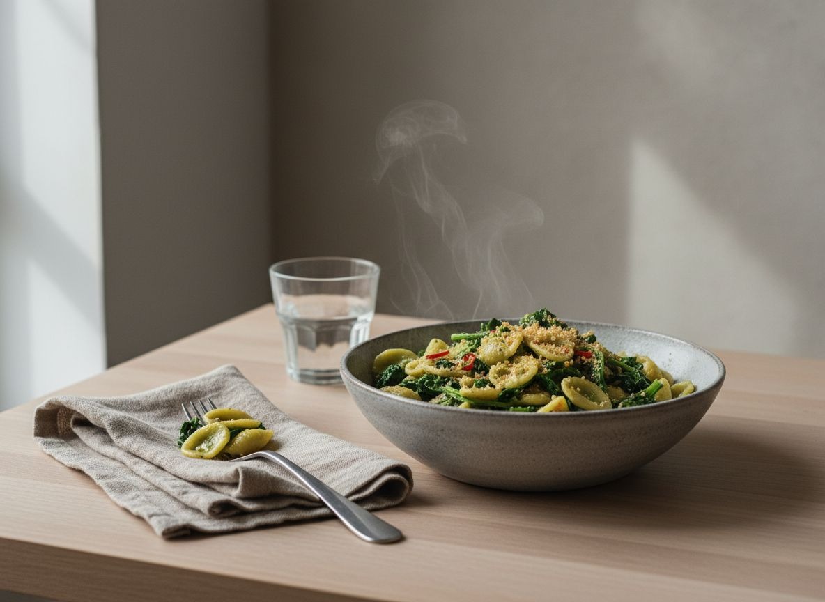 Orecchiette con grelos verdes salteadas en cuenco de cerámica gris piedra, con anchoa deshecha, guindilla y pan rallado tostado por encima, con un ligero vapor, luz natural suave desde la izquierda.
