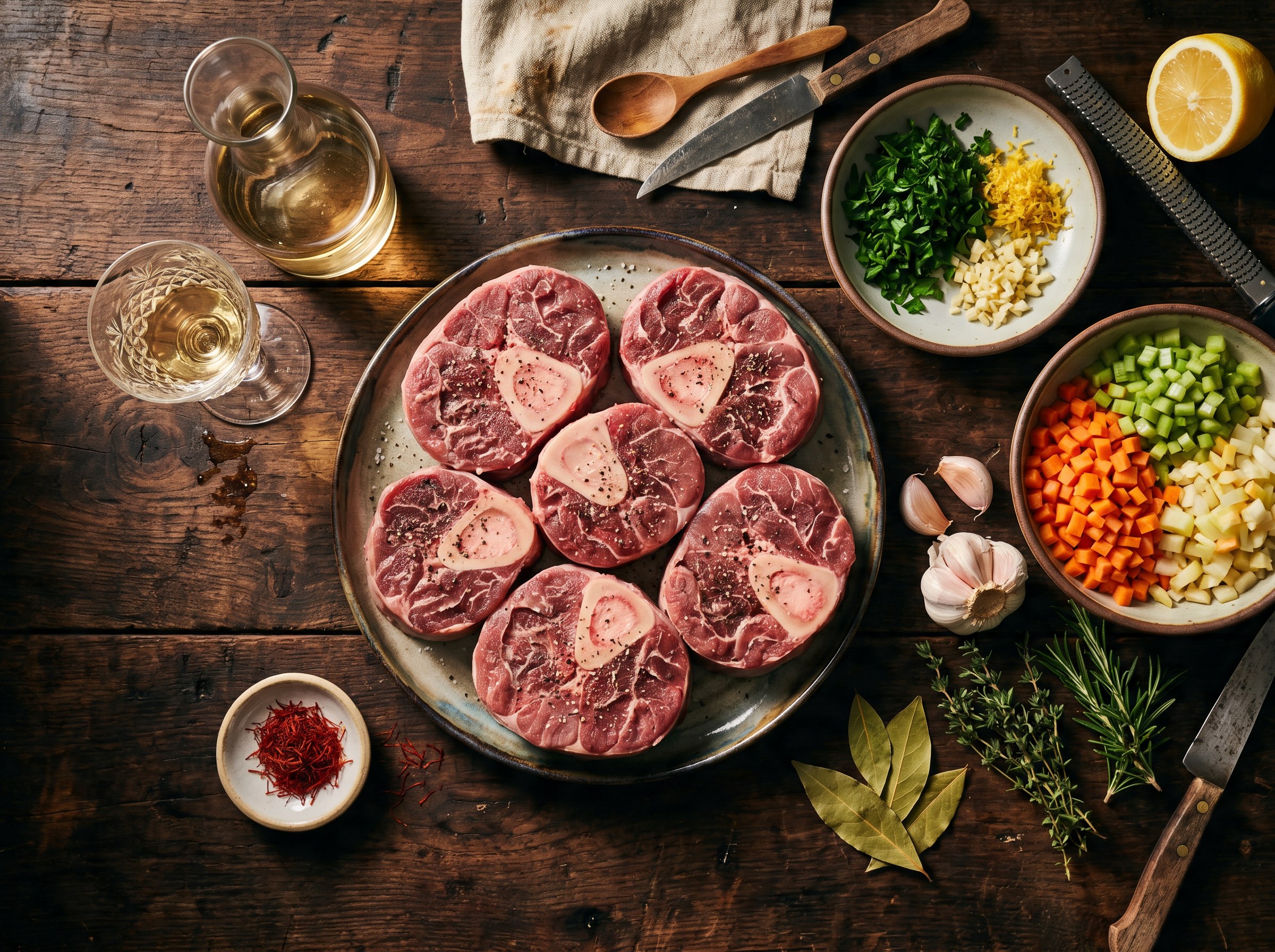 Ingredientes Osso Buco: jarrete de ternera, vino blanco, verduras, gremolata
