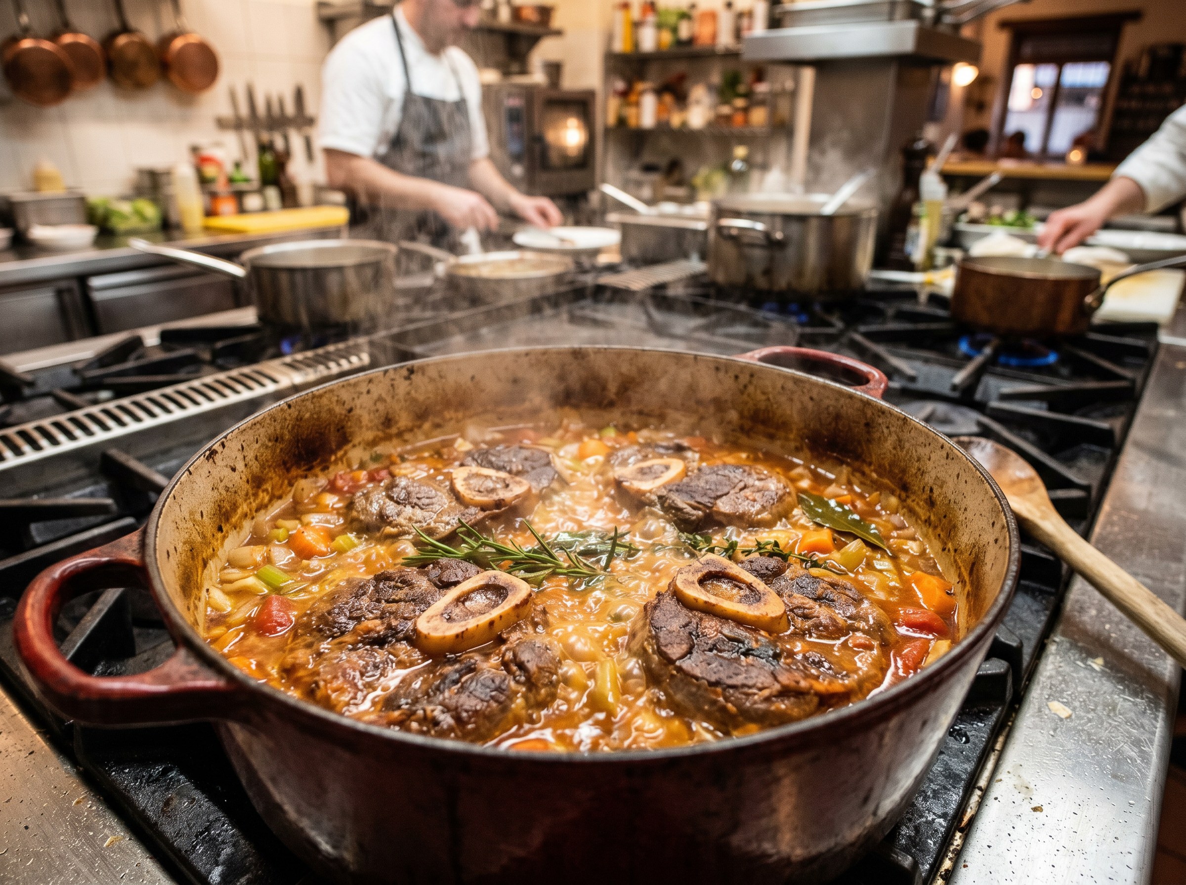 Osso Buco braseando lentamente en vino blanco y tomate en cazuela de hierro