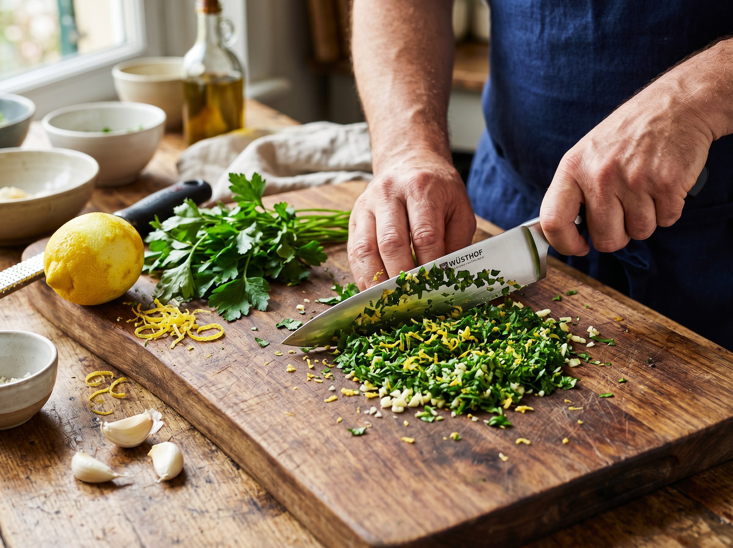 Gremolata de perejil, ralladura de limon y ajo siendo preparada y picada muy fina