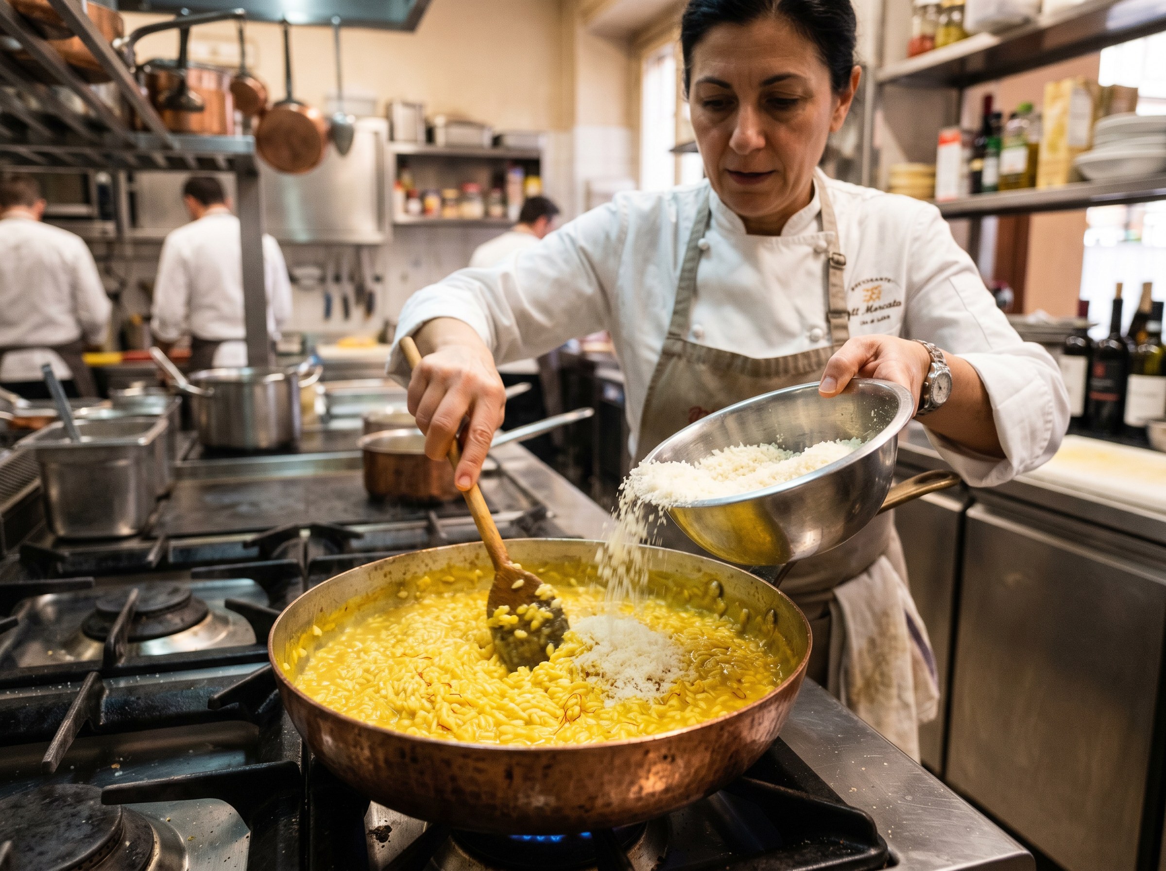 Risotto alla Milanese de azafran siendo preparado, color dorado brillante