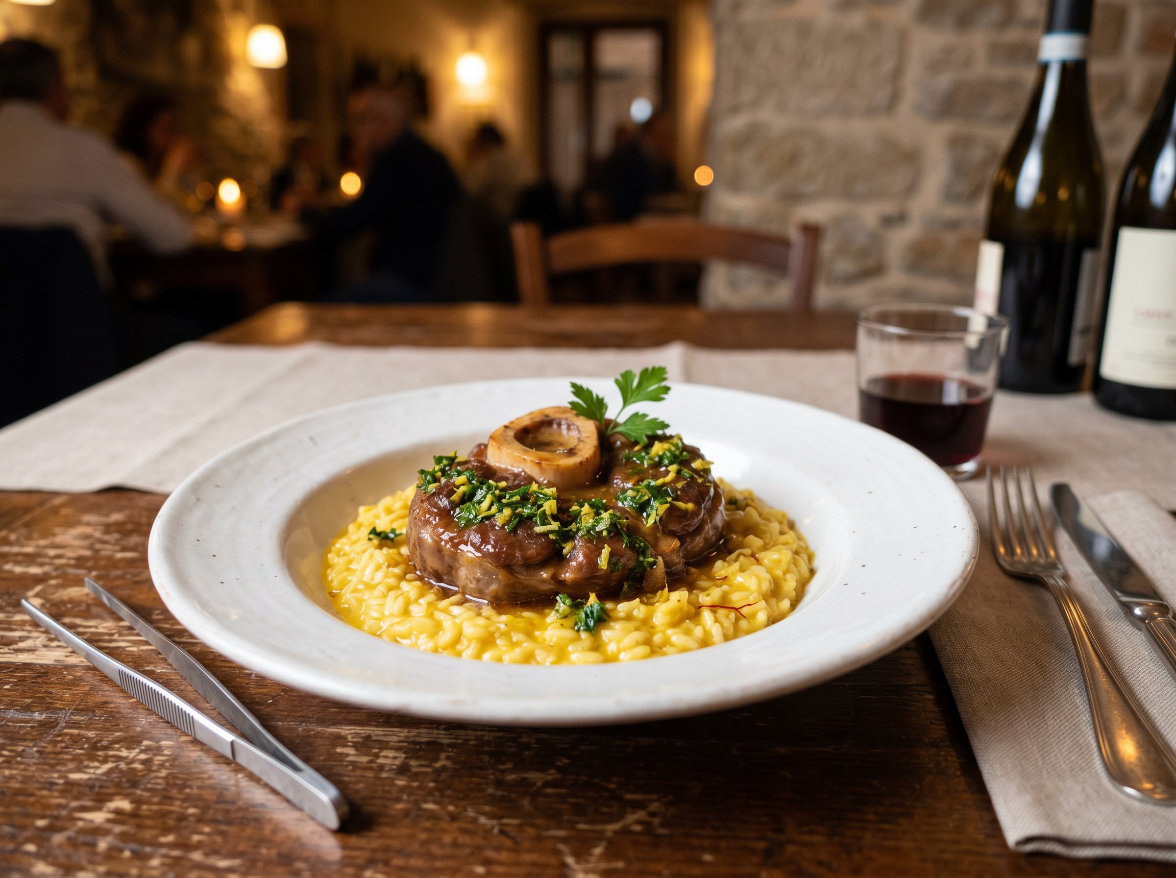 Emplatado del Osso Buco sobre risotto de azafran con gremolata y tuetano visible