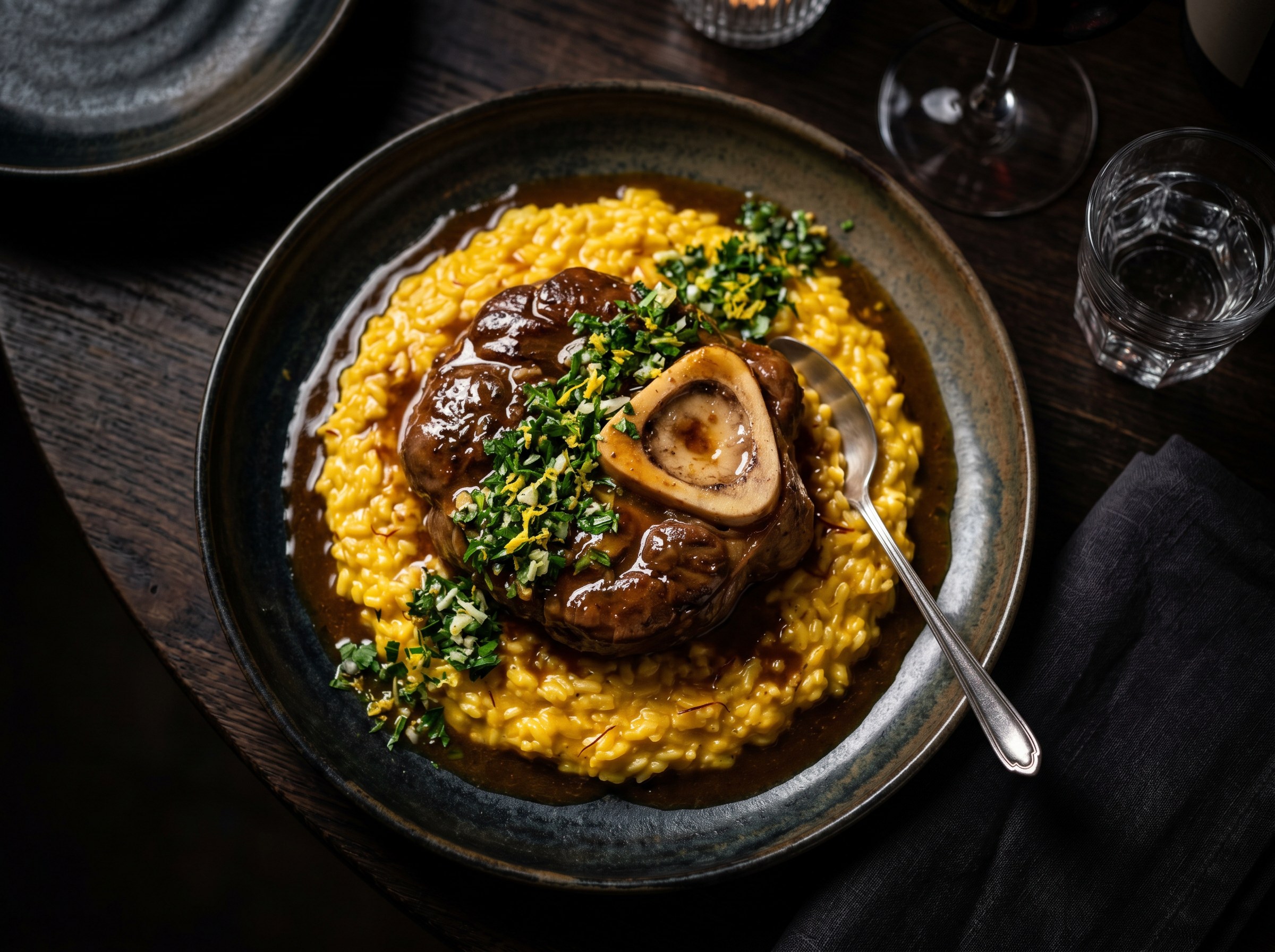 Hero shot: Osso Buco alla Milanese sobre risotto dorado, gremolata, fondo oscuro