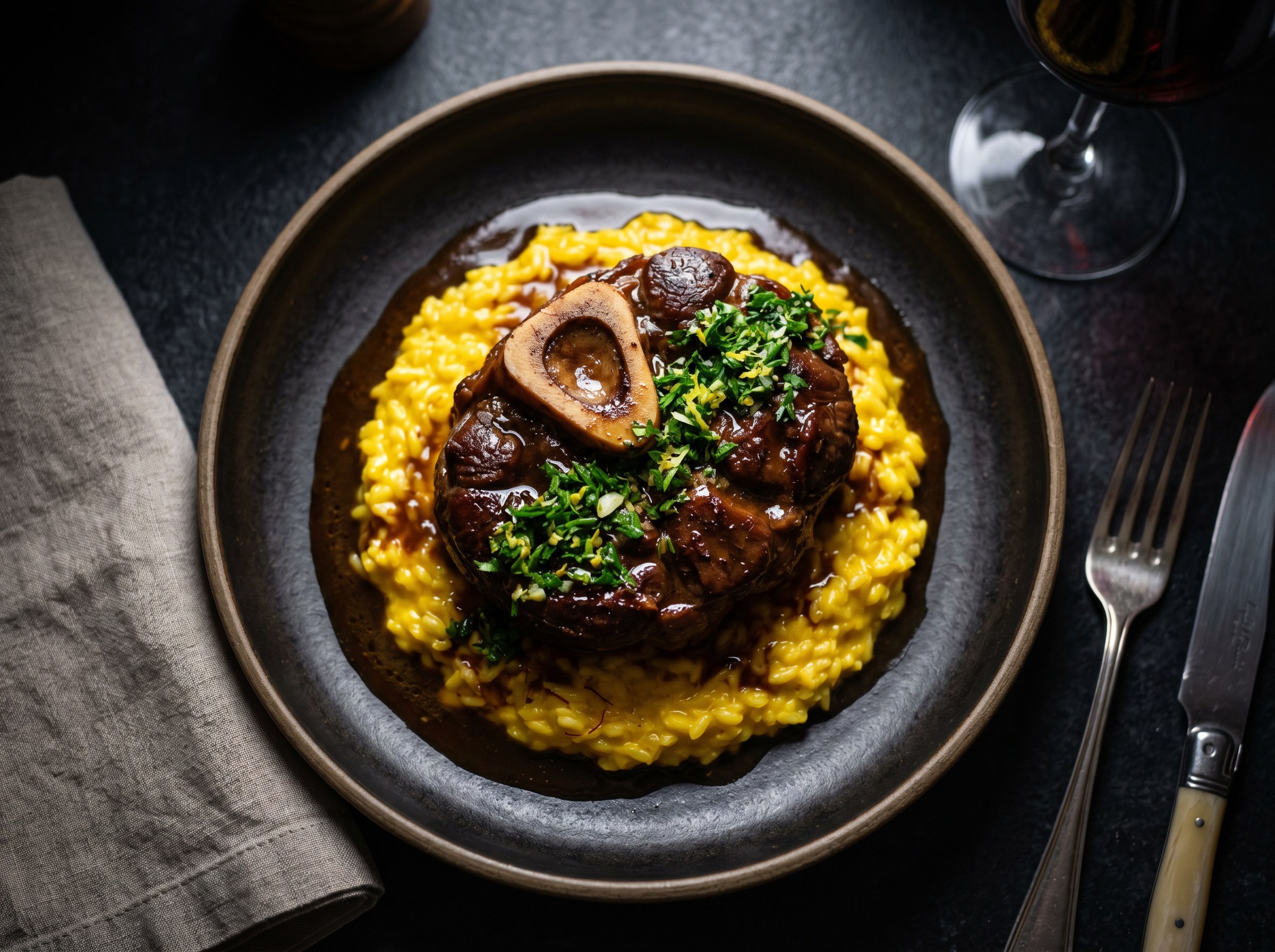Hero final: Osso Buco alla Milanese sobre risotto de azafran con gremolata y tuetano
