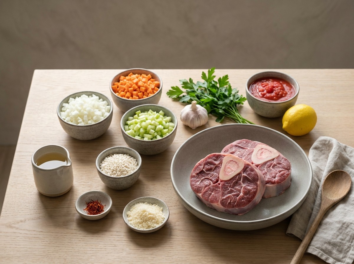 Ingredientes del ossobuco: rodajas de jarrete, sofrito, vino, tomate, arroz, azafrán, parmesano y gremolata