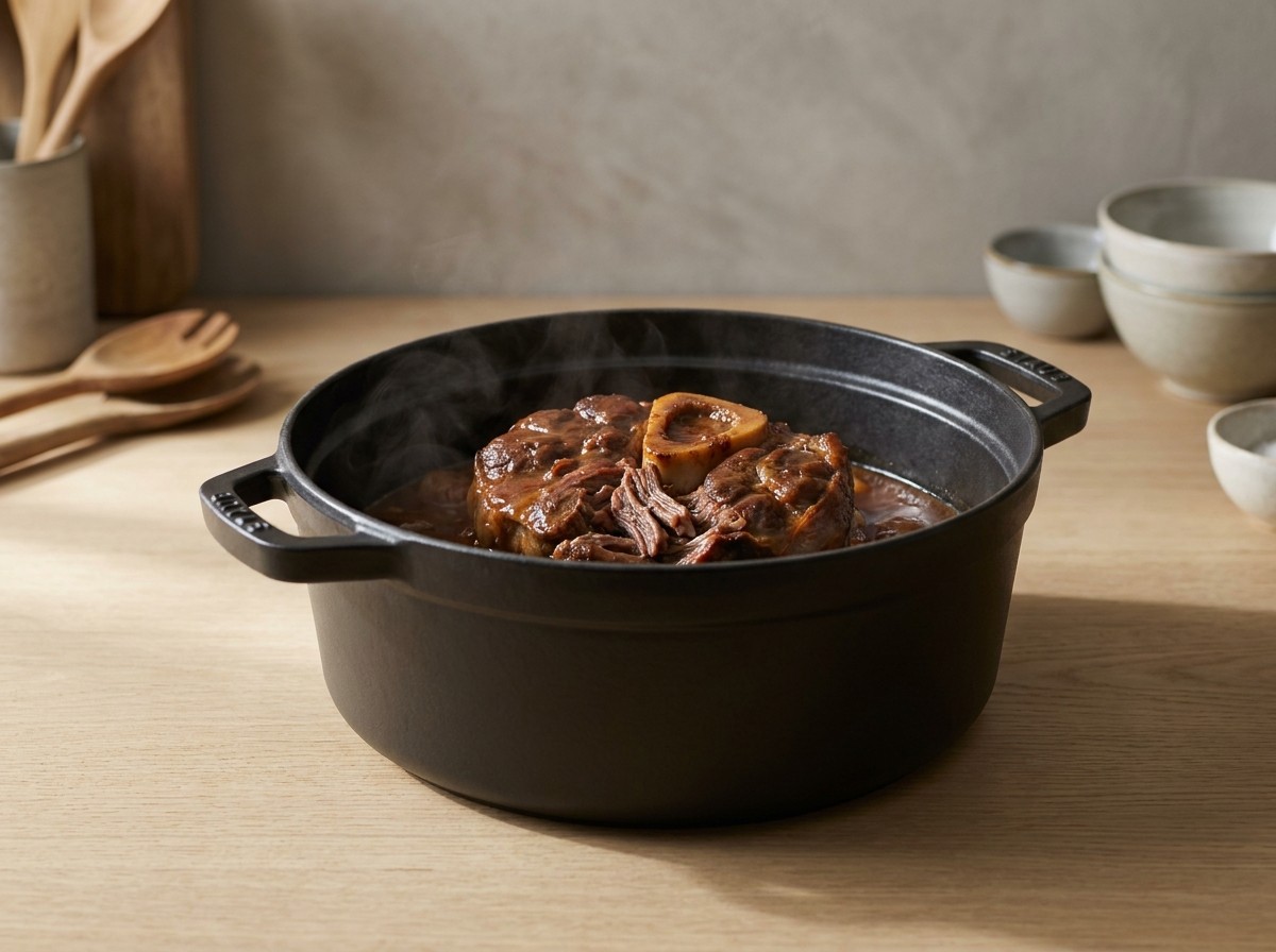 Ossobuco braseado y meloso desprendiéndose del hueso