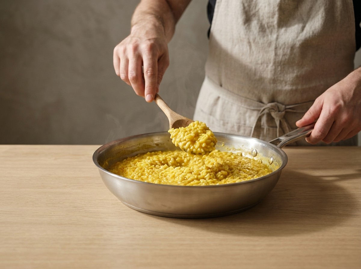 Risotto al azafrán removiéndose cremoso en el cazo