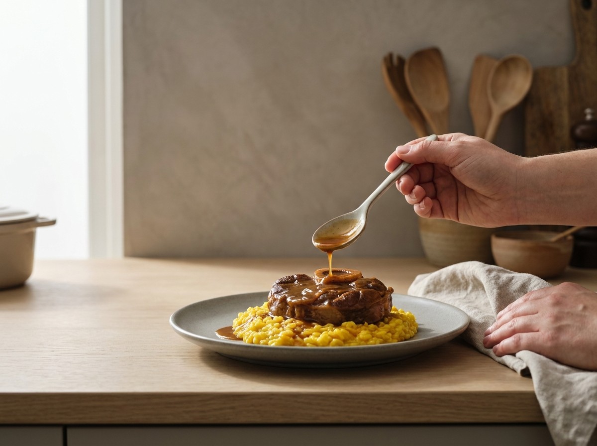 Ossobuco emplatado sobre risotto al azafrán y napado con salsa