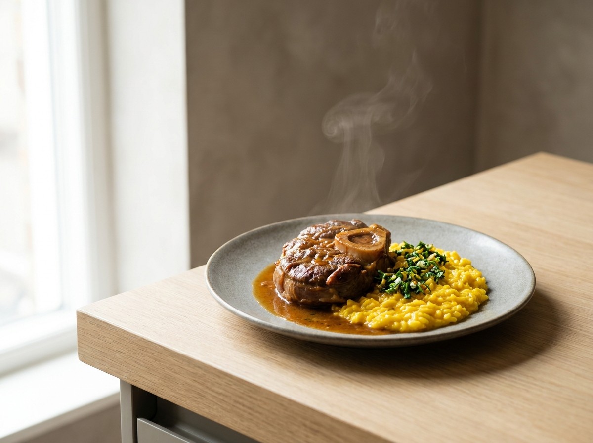 Ossobuco de ternera en plato de cerámica gris piedra: rodaja de jarrete braseado con su hueso y médula sobre risotto al azafrán, napado con salsa y gremolata verde.