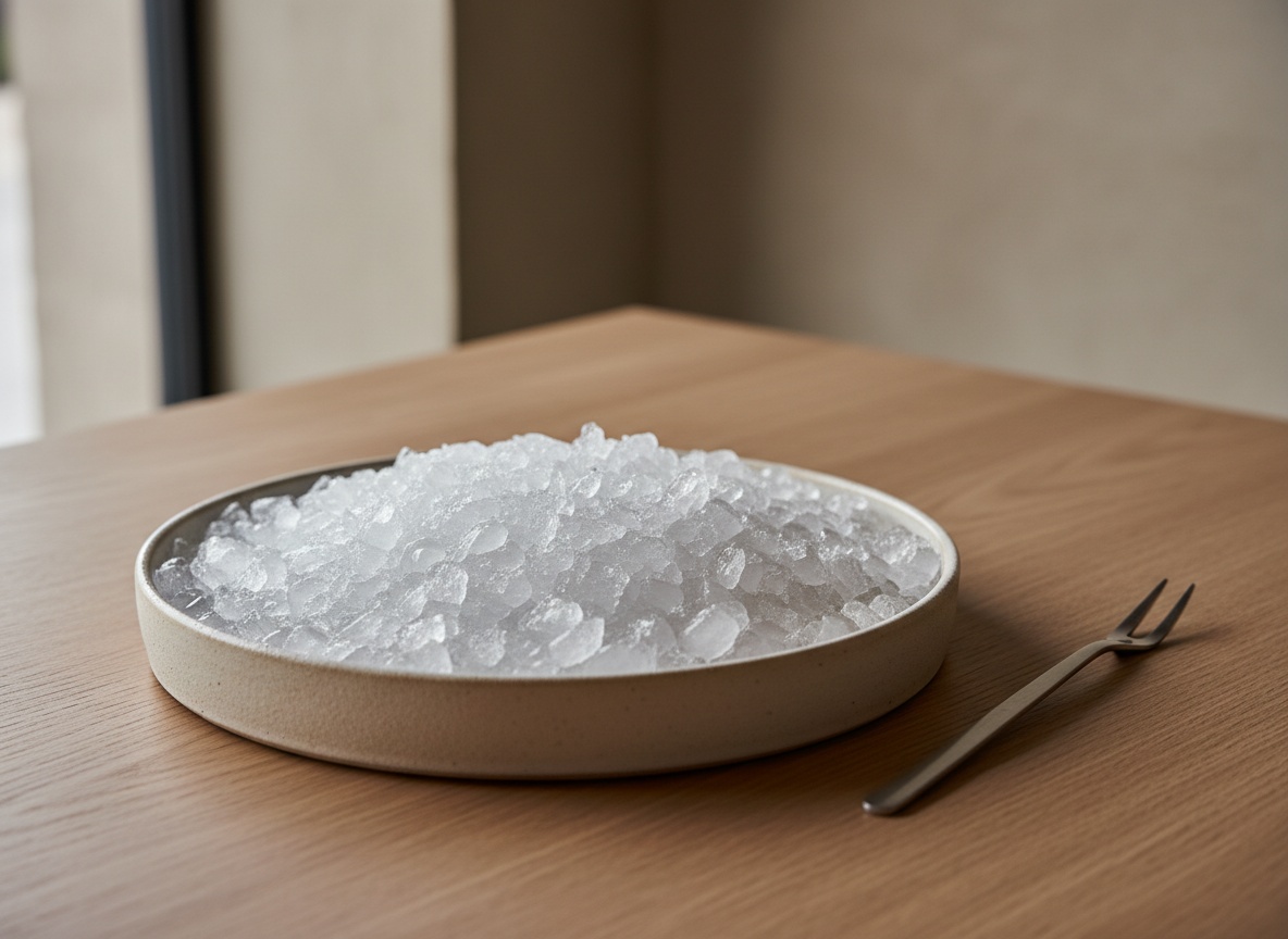 Fuente de cerámica con una cama de hielo picado preparada para las ostras