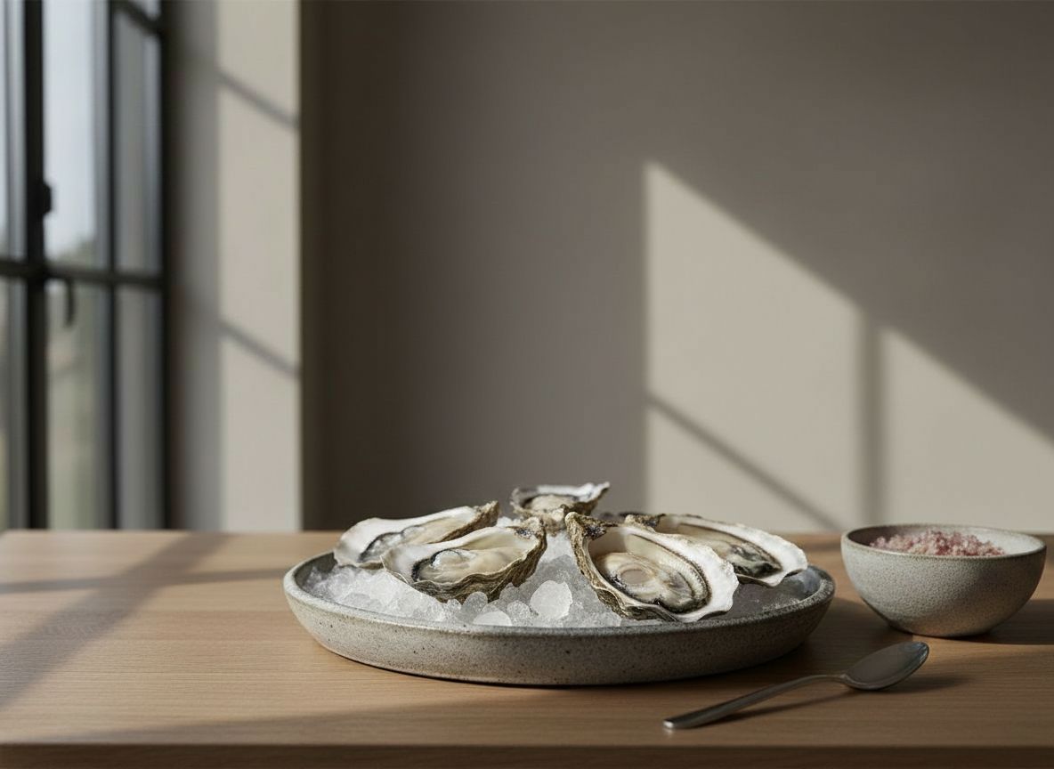 Ostras abiertas al natural sobre una cama de hielo picado con un cuenco de mignonette de chalota y gajos de limón, en fuente de cerámica artesanal sobre roble