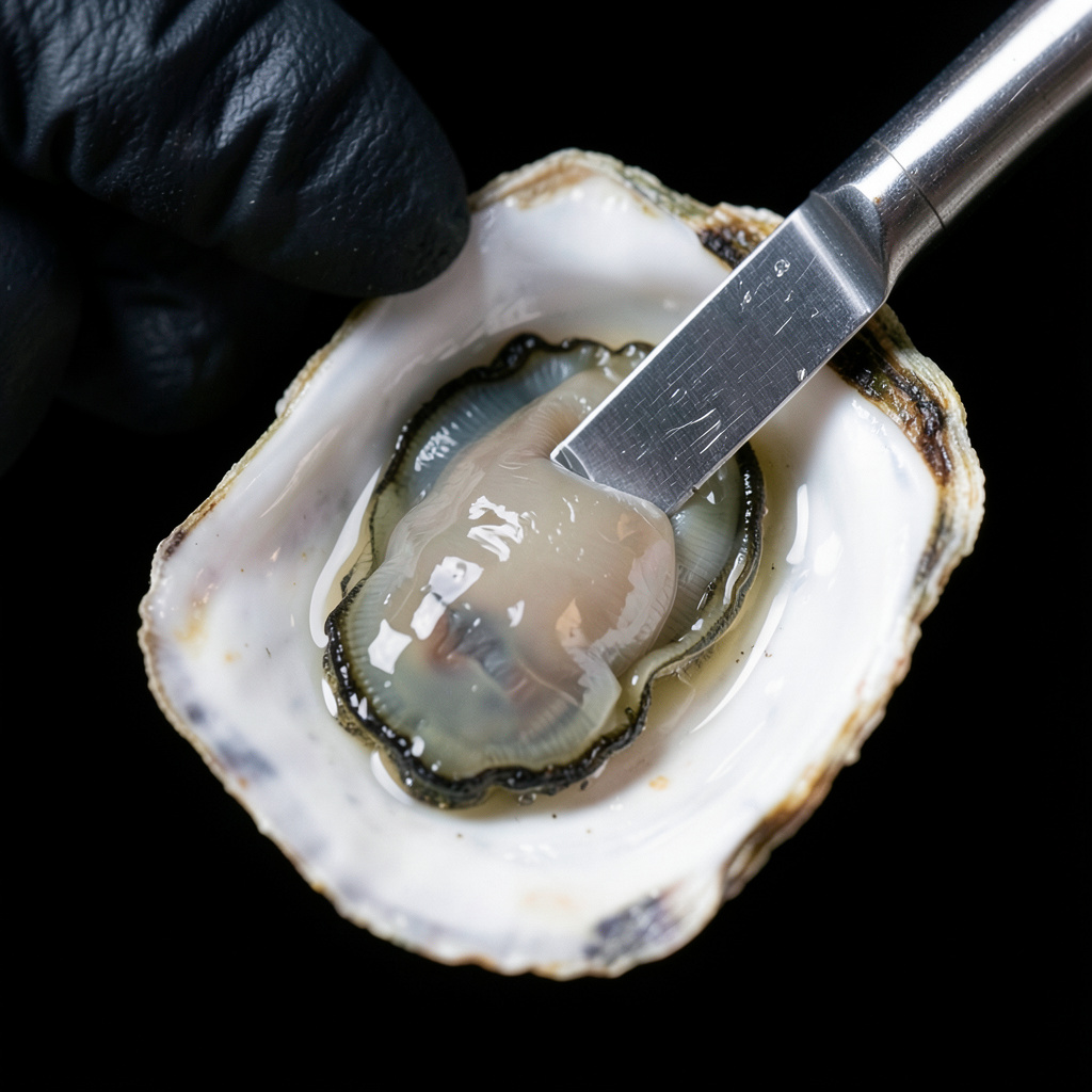 Apertura de la ostra Gillardeau con cuchillo ostrero, conservando el agua de mar