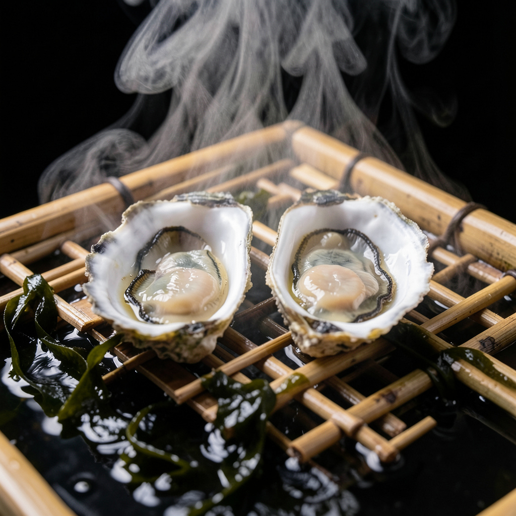 Ostras templándose al vapor sobre kombu 25-30 segundos