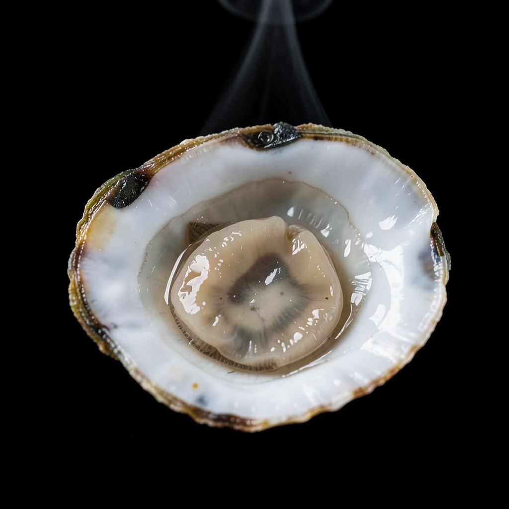 Ostra en su punto, textura gelatinosa translúcida entre crudo y cocido