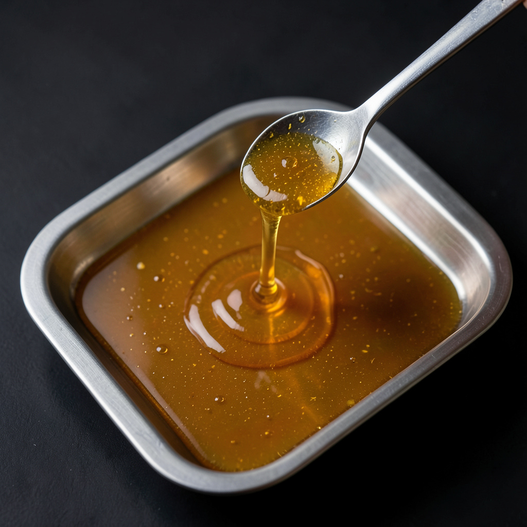 Gel ambarino de ponzu en bandeja — pH 2.8 gelificado con agar-agar, cubos perfectos