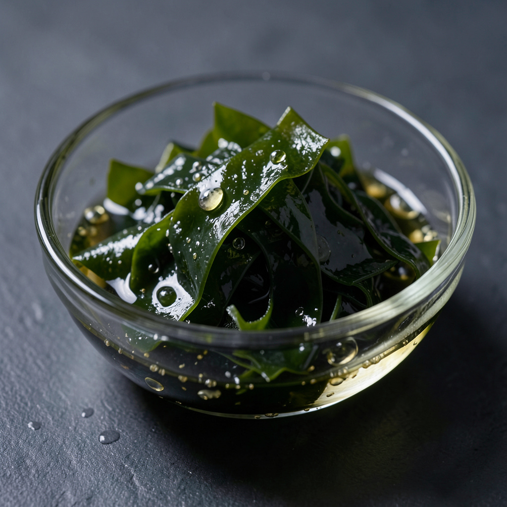 Wakame encurtido en bol de cristal — fucoidán y ácido algínico que aportan textura resbaladiza