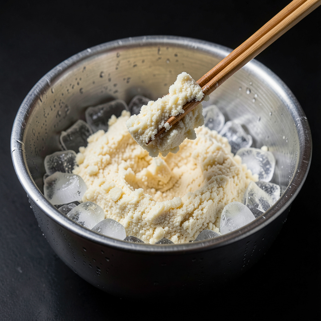 Masa tempura con grumos sobre hielo — harina de arroz y CO₂ agua gas para cobertura <0.3mm