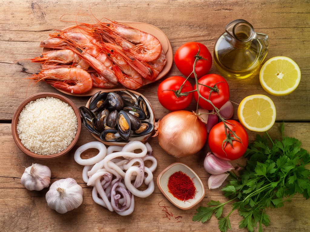 Ingredientes de la paella de marisco en flat lay