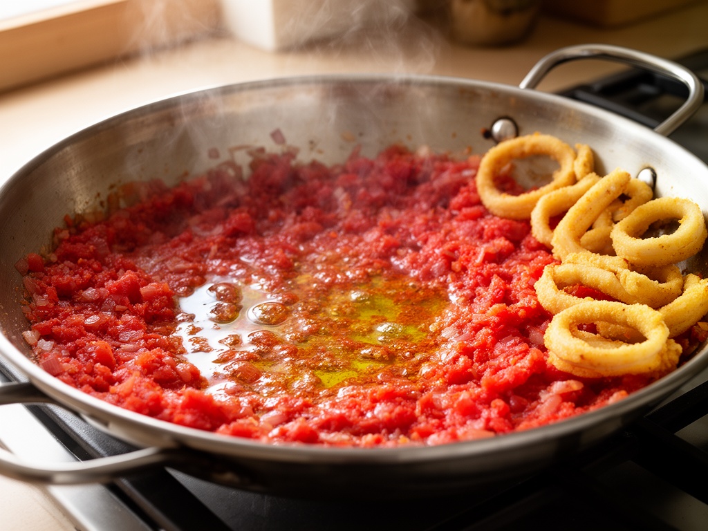Sofrito de tomate y cebolla en la paellera
