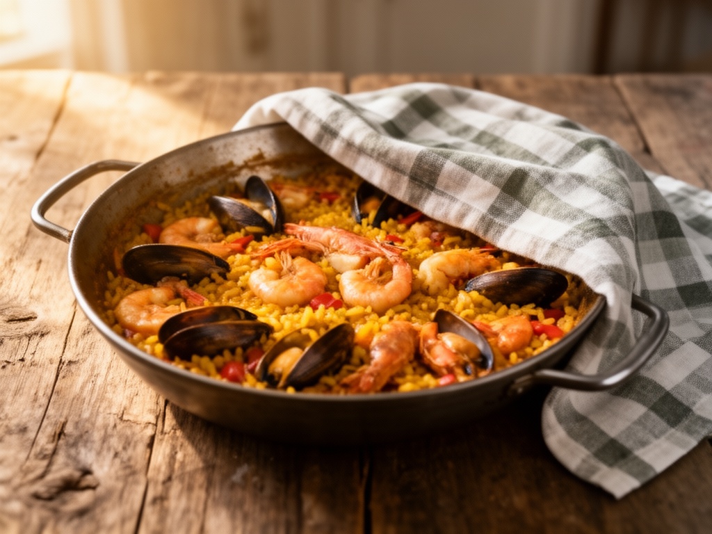 Paella reposando tapada con un pano
