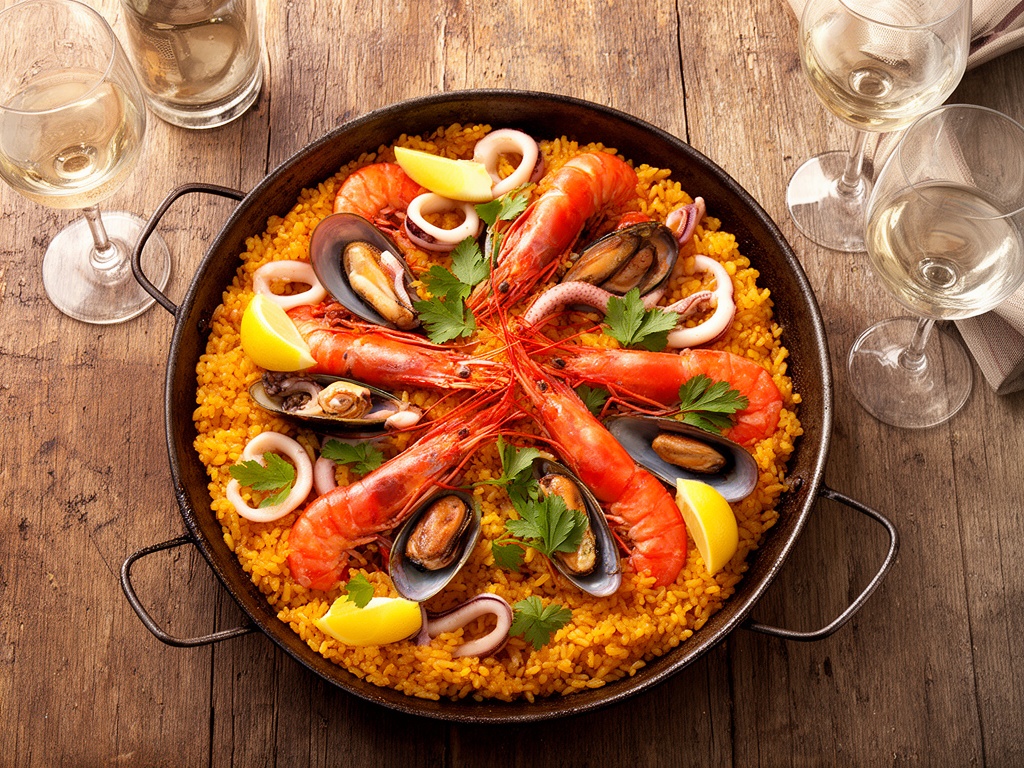 Paella de marisco valenciana en su paellera, con arroz dorado, gambas, mejillones abiertos y aros de calamar, decorada con gajos de limón y perejil.