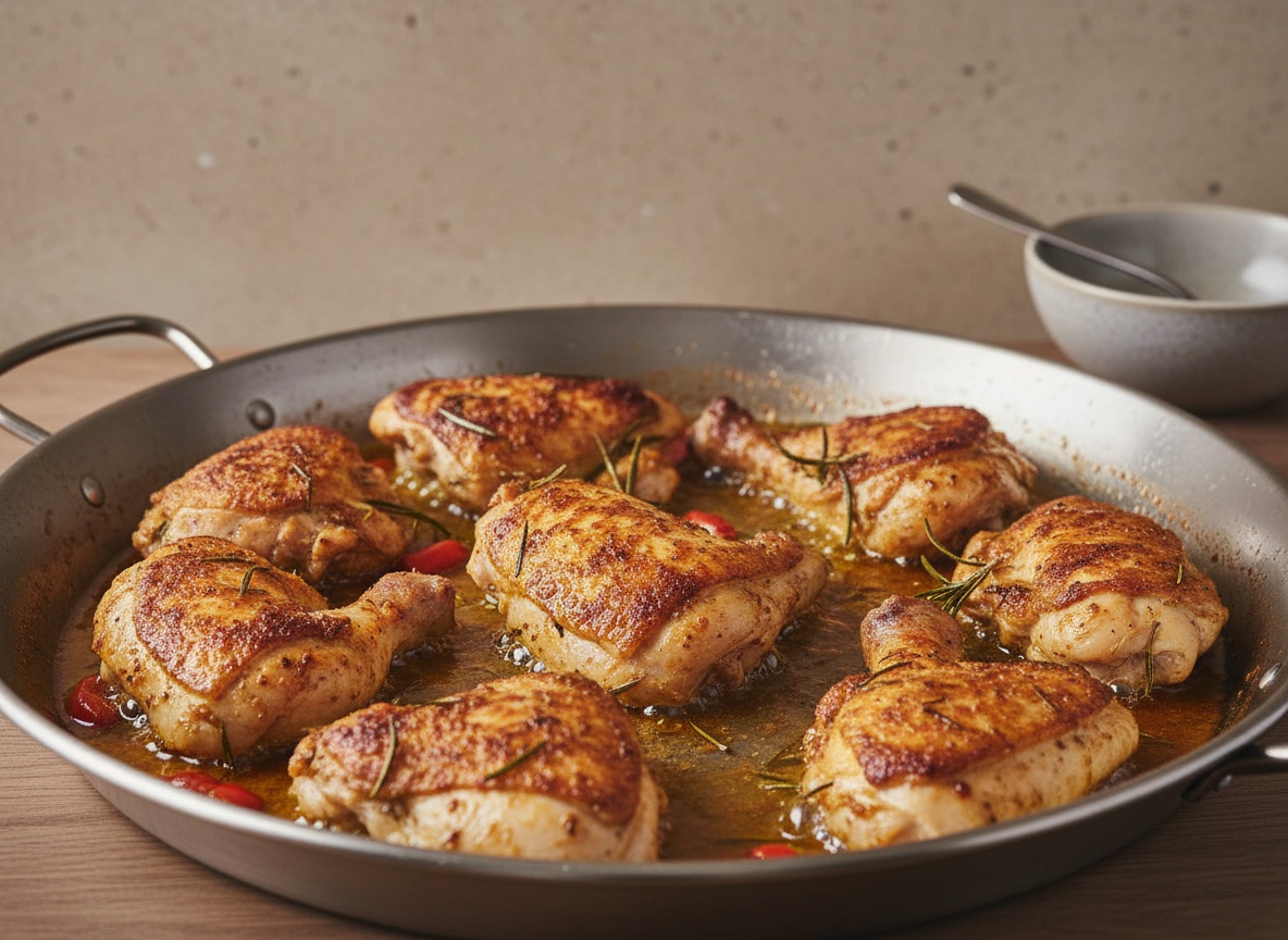 Piezas de pollo dorándose con costra uniforme en el aceite de la paellera