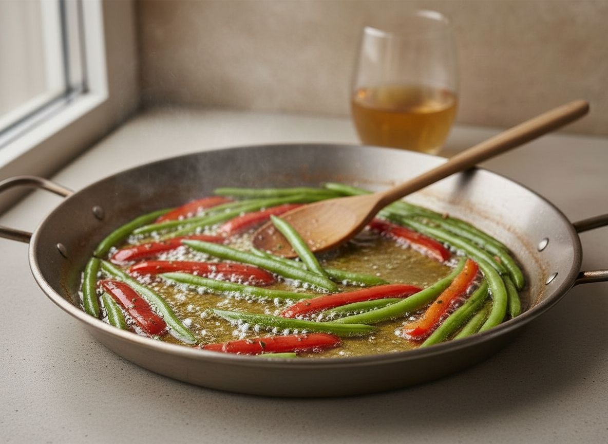 Judía plana verde intenso y tiras de pimiento rojo salteándose junto a las anillas de calamar