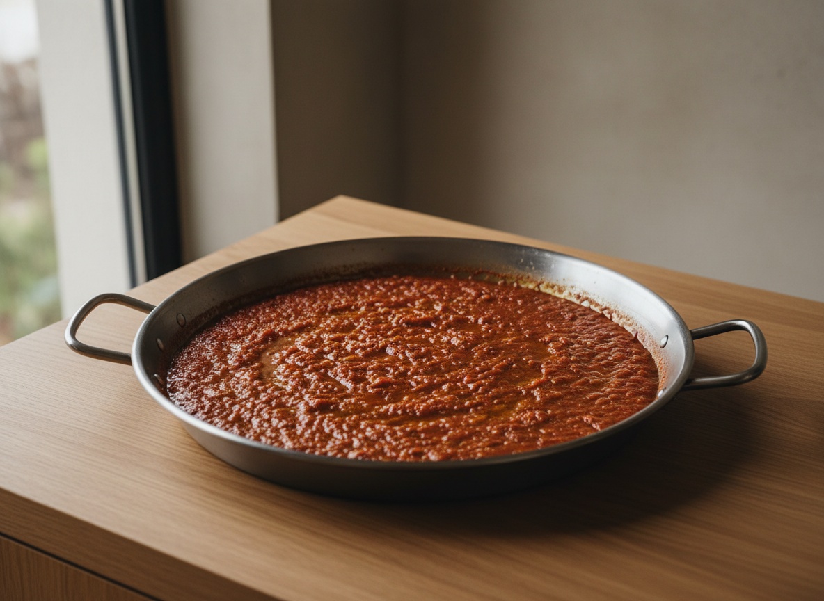 Sofrito de tomate rallado reducido a color teja en el centro de la paellera con el aceite separado