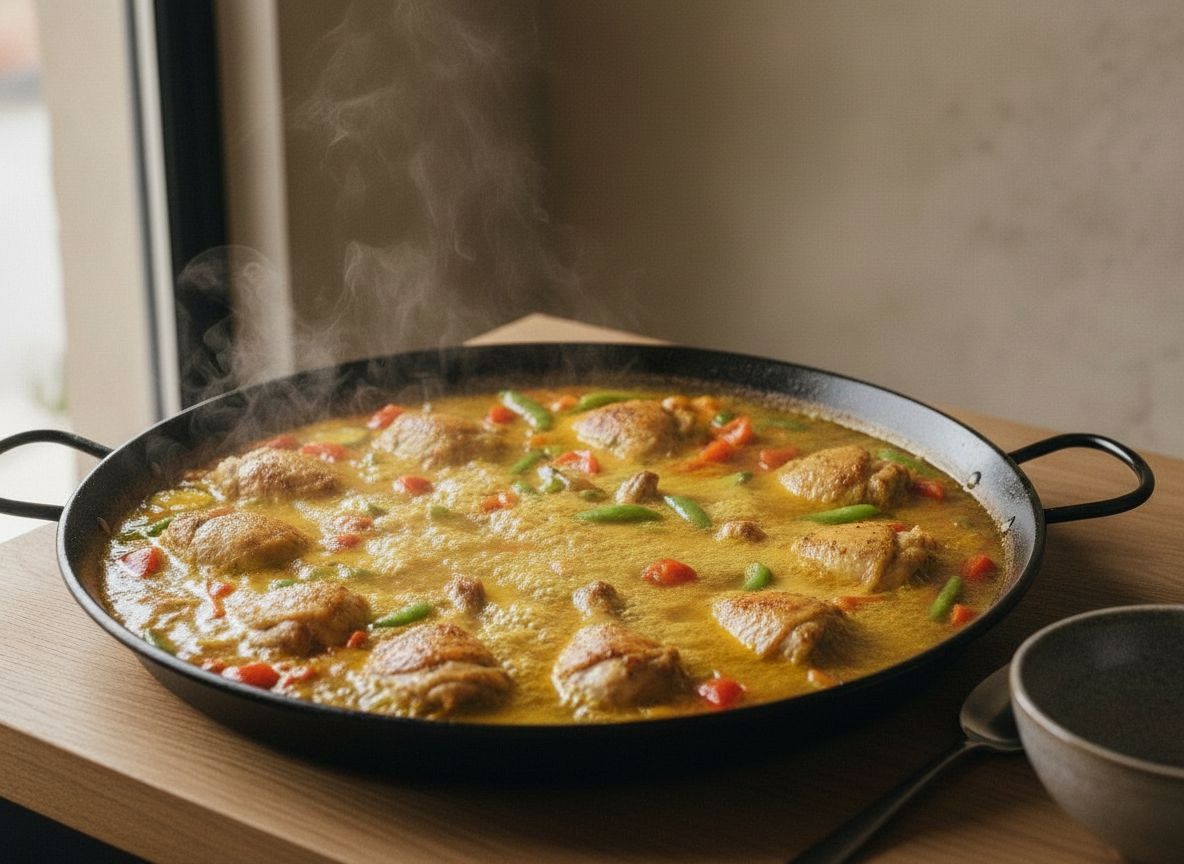 Caldo azafranado hirviendo en la paellera con el pollo y las verduras repartidos