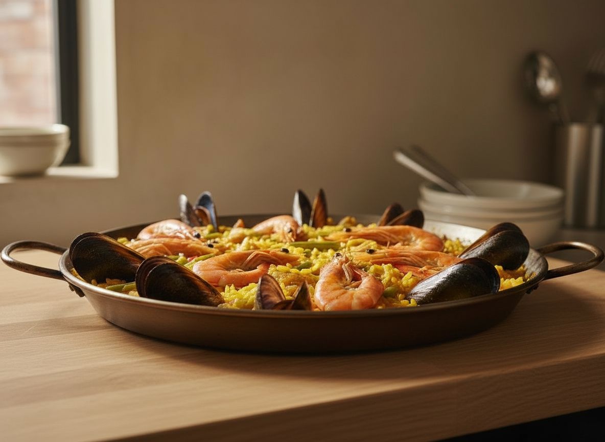 Mejillones clavados con la charnela hacia abajo y gambas colocadas sobre el arroz azafranado