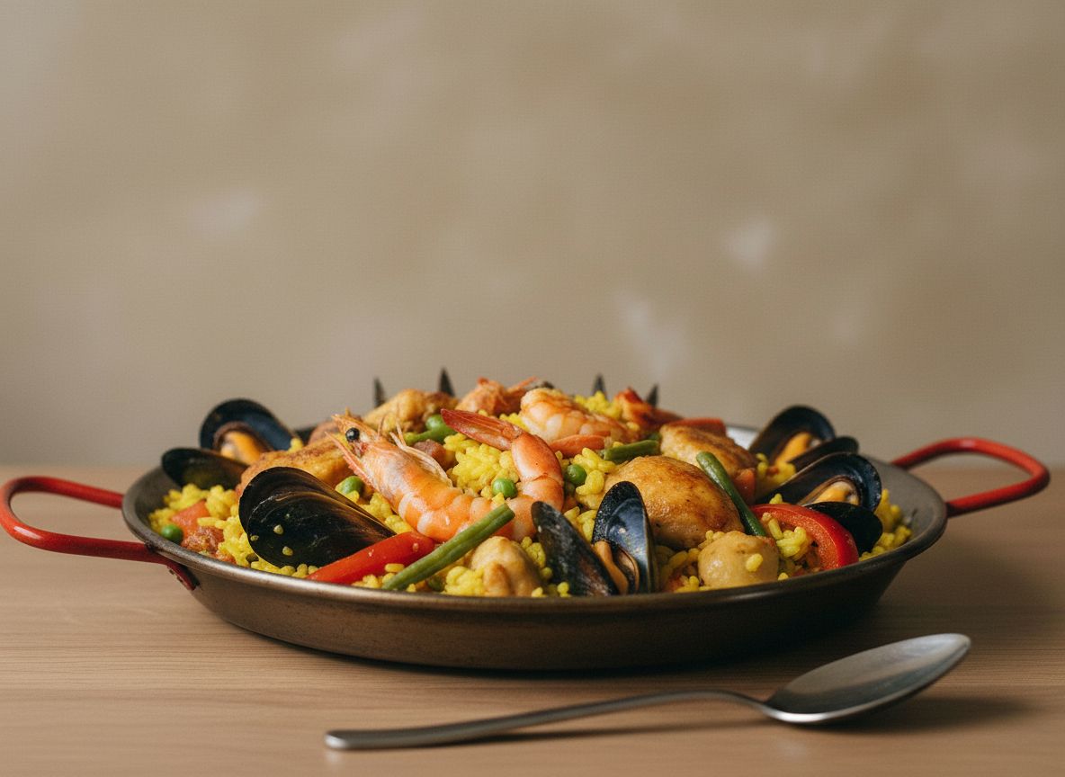 Paella mixta de pollo, marisco y verduras en paellera de hierro, arroz azafranado con muslos dorados, mejillones abiertos, gambas y judía verde