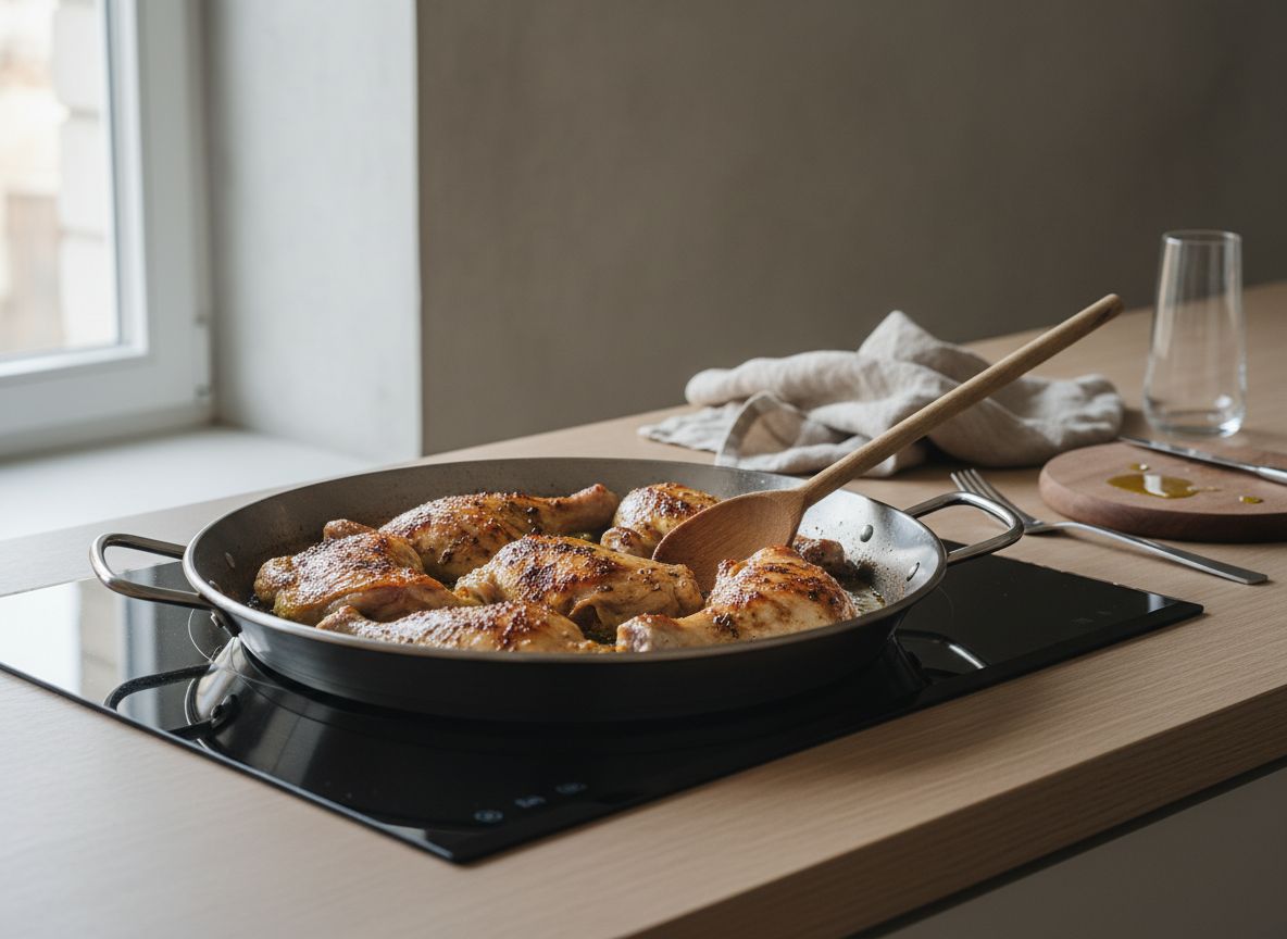 Presas de pollo y conejo dorándose con costra oscura en el aceite de la paellera ancha