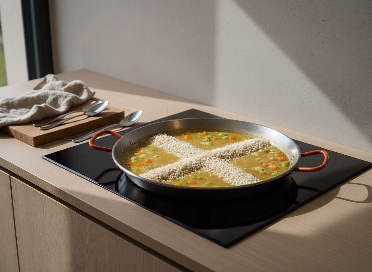 Arroz bomba echándose en cruz sobre el caldo azafranado de la paellera