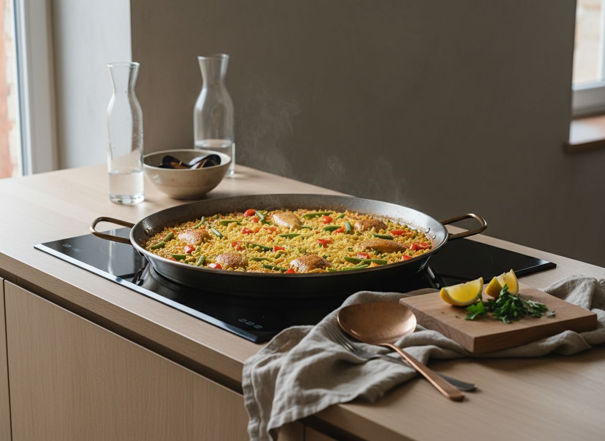 Superficie del arroz ya sin líquido con cráteres de vapor y las presas doradas asomando
