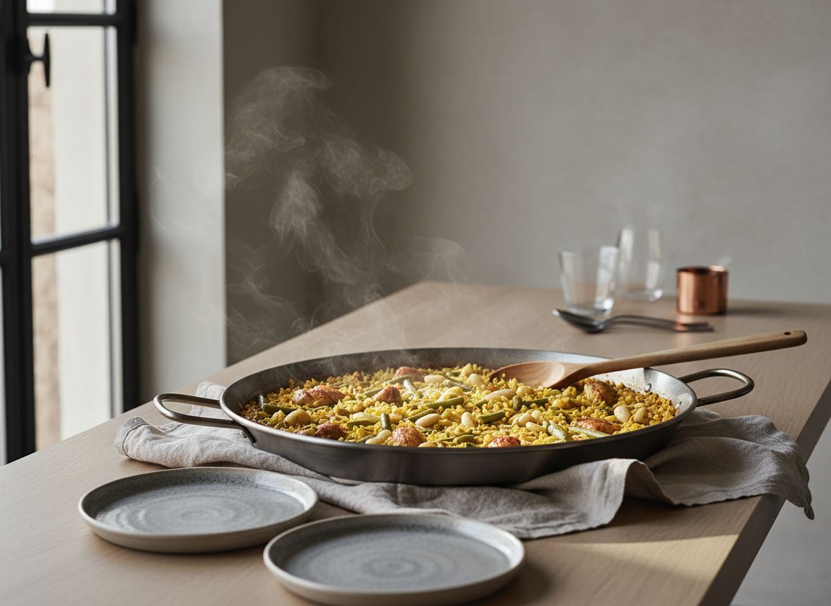 Paella valenciana de pollo, conejo y garrofó en paellera ancha, arroz azafranado seco con presas doradas, judía plana y alubias blancas