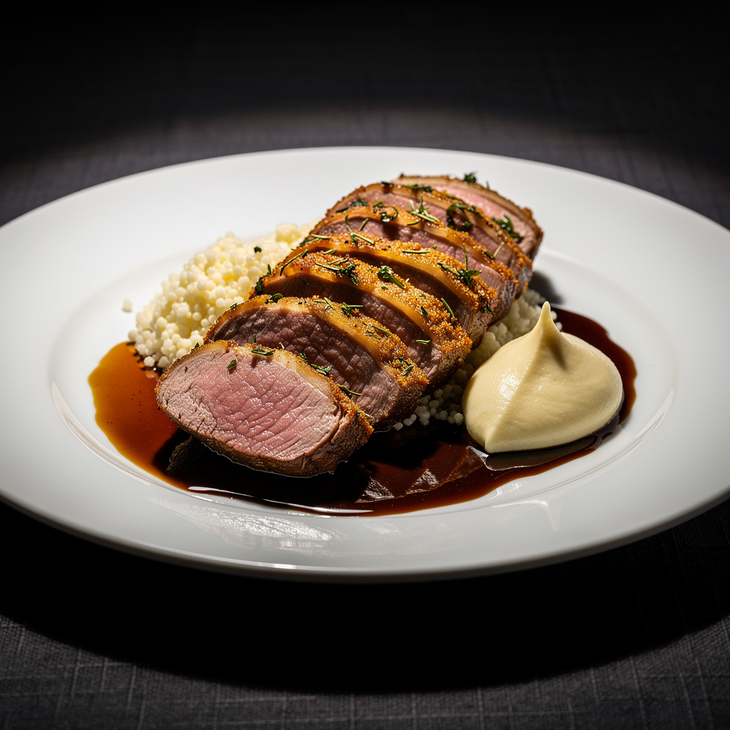 Paletilla de cordero lechal en costra de hierbas provenzales con jugo oscuro brillante, cuscús de coliflor y puré de ajo confitado en plato de cerámica blanca fina