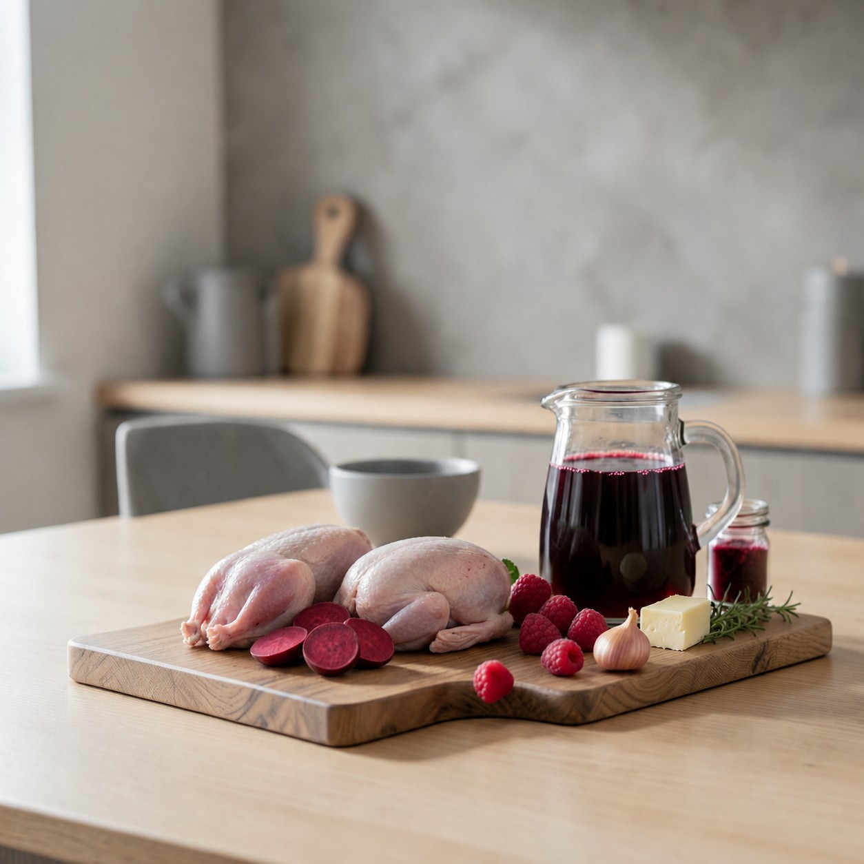 Ingredientes: palomas bravías, remolachas, frambuesas, fondo de caza y chalota