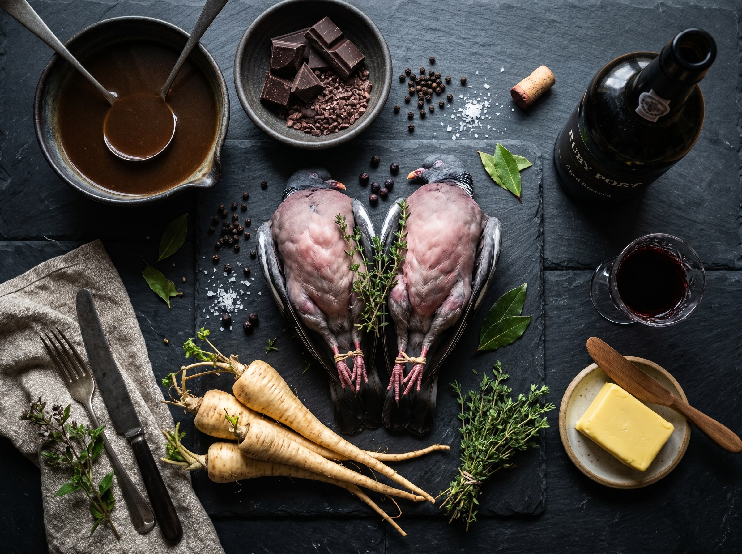 Ingredientes paloma torcaz: palomas, chocolate 85%, chirivías, oporto, fondo de caza sobre pizarra