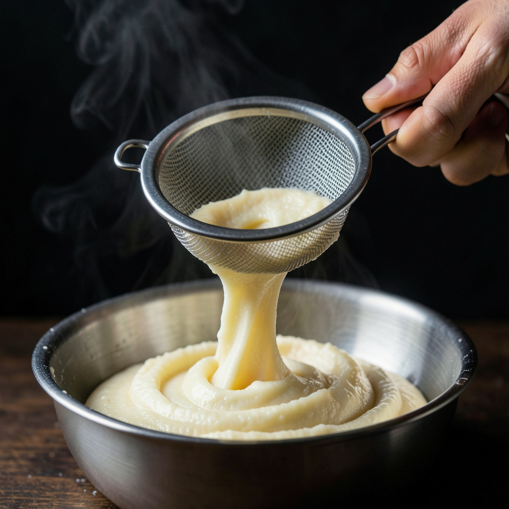 Puré de chirivía pasando por tamiz fino hasta textura sedosa, vapor ascendente