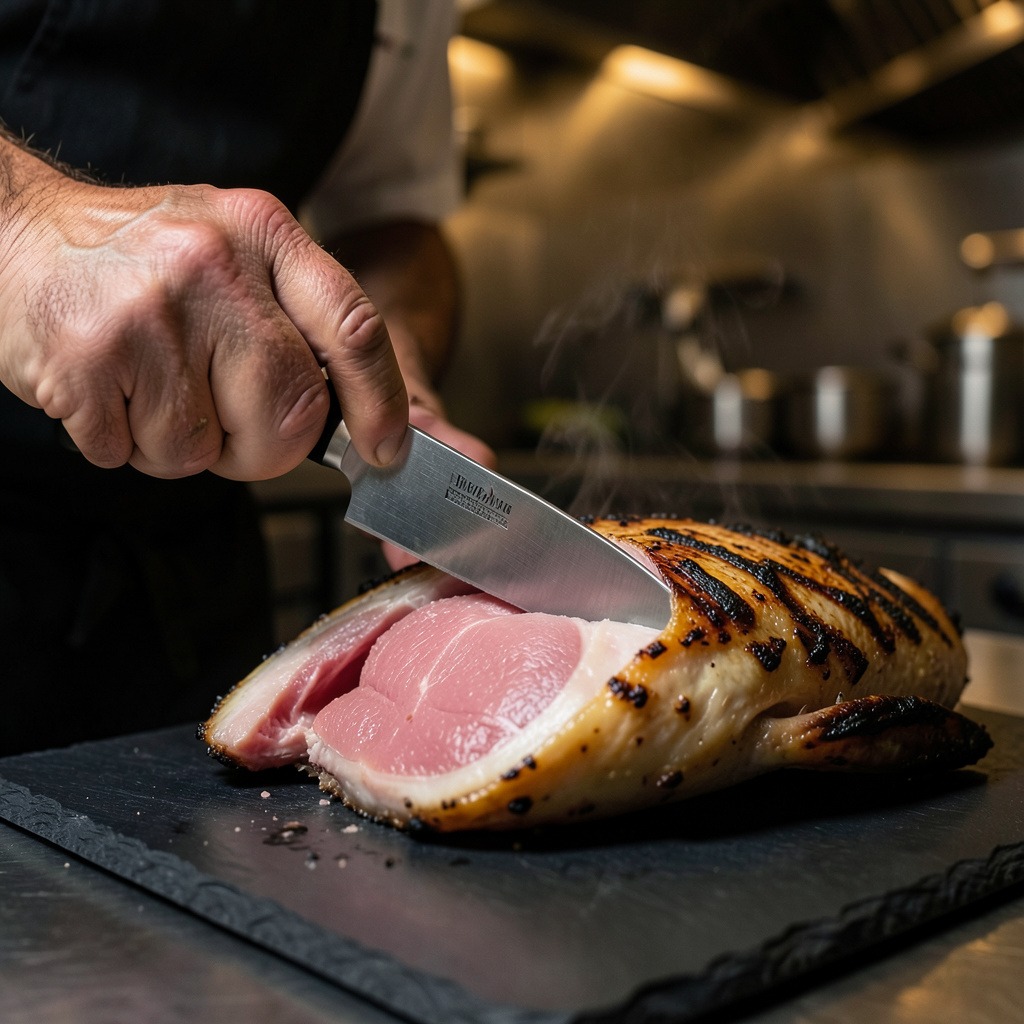 Chef deshuesando y fileteando pechuga de paloma torcaz rosada, interior perfectamente rosado