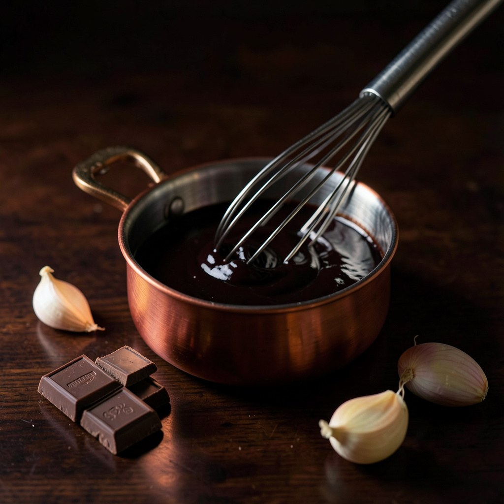 Salsa de entrañas con chocolate negro, oscura y brillante, montándose en cazo