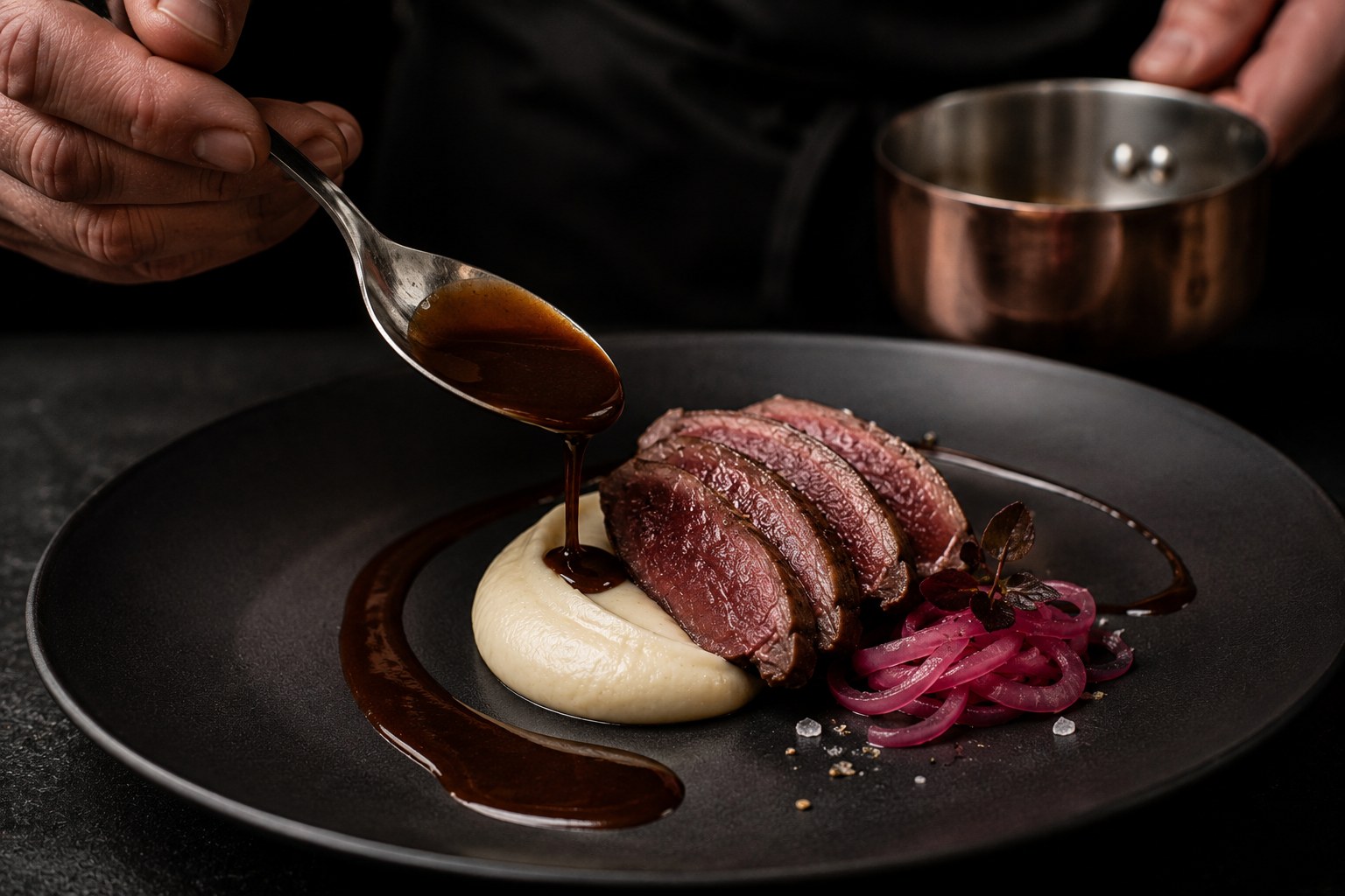 Emplatado: quenelle de chirivía, pechugas rojas, salsa de chocolate en arco y cebolla fucsia