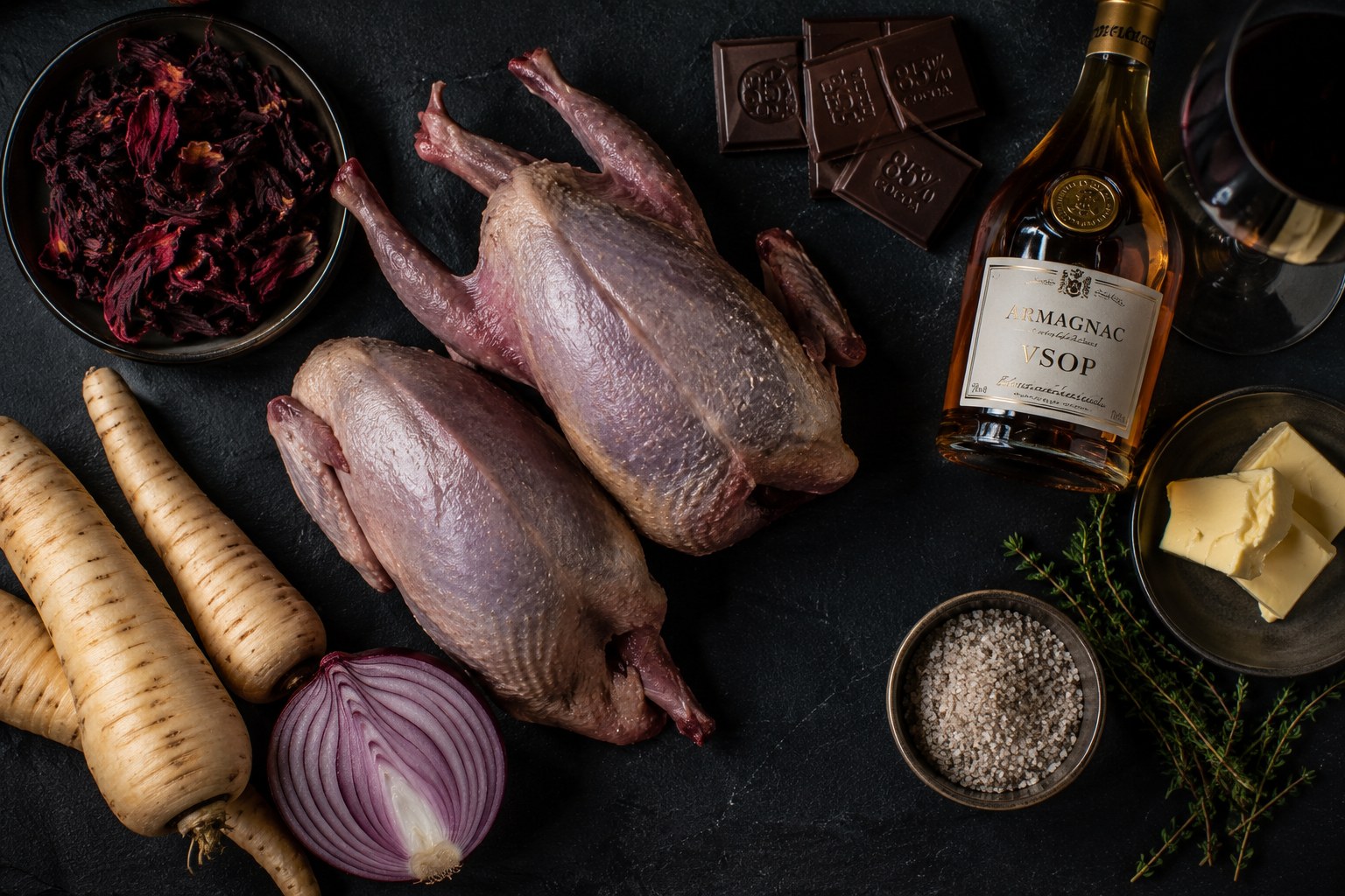 Ingredientes: palomas zuritas, chocolate 85%, chirivías, flores de hibisco y cebolla roja