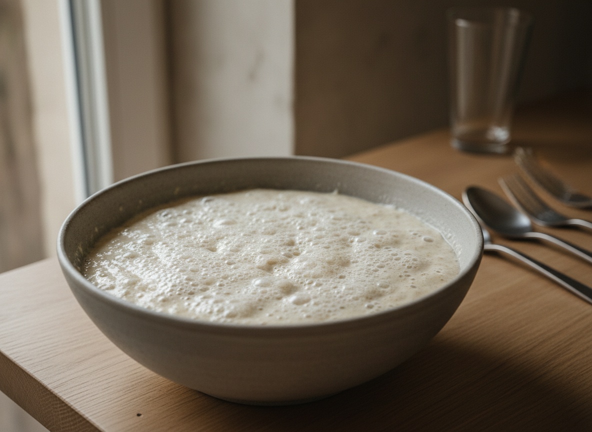 Masa de blinis fermentada y llena de burbujas tras el reposo.