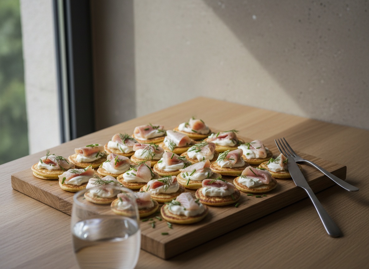 Blinis coronados con crema agria y palometa ahumada plegada.