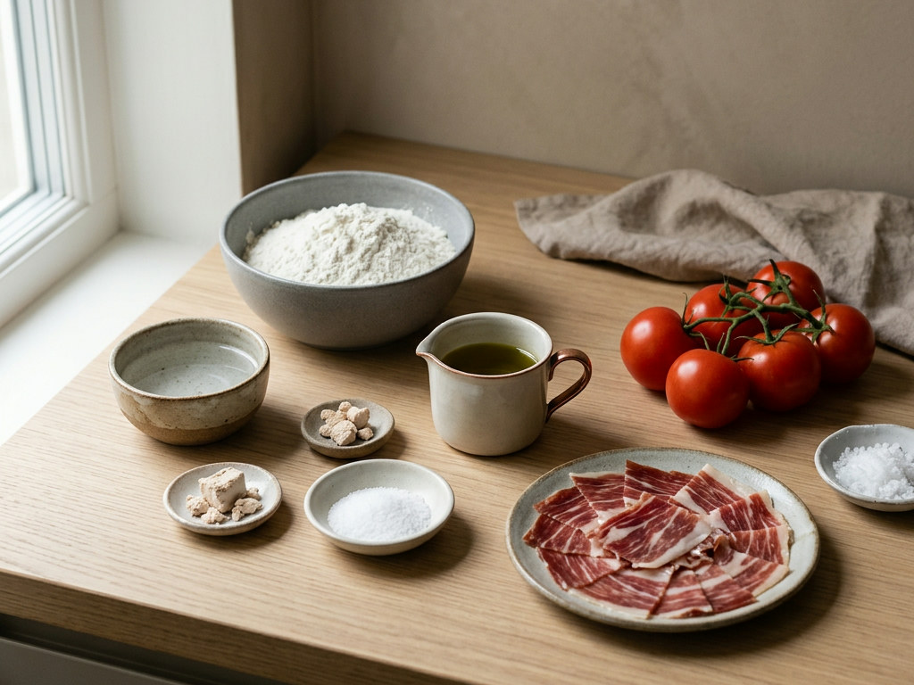 Bodegón cenital con los ingredientes del pan de cristal: harina de fuerza, agua fría, levadura, sal, aceite de oliva virgen extra, tomates de rama, jamón ibérico de bellota y flor de sal sobre encimera de roble